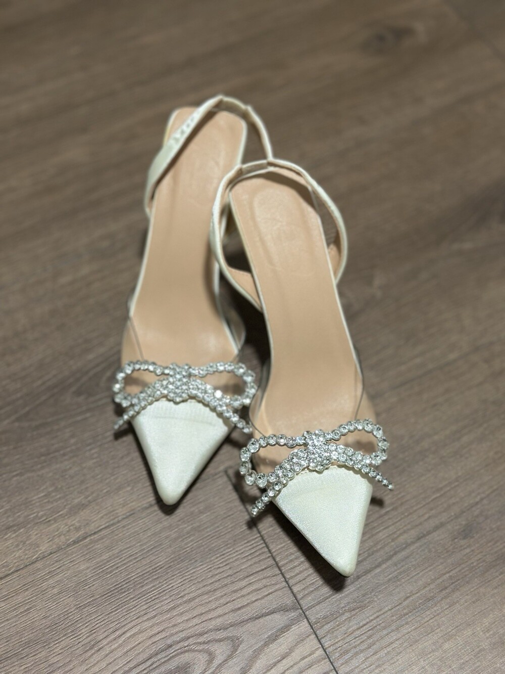 Women's Ivory Satin Pointed Toe Slingback Heels Crystal Rhinestone Bow Size 7